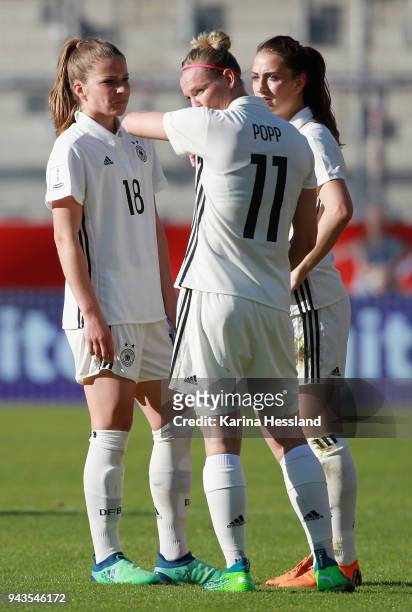 Melanie Leupolz, Alexandra Popp and Sara Daebritz of Germany during the 2019 FIFA Womens World Championship Qualifier match between Germany Womens...