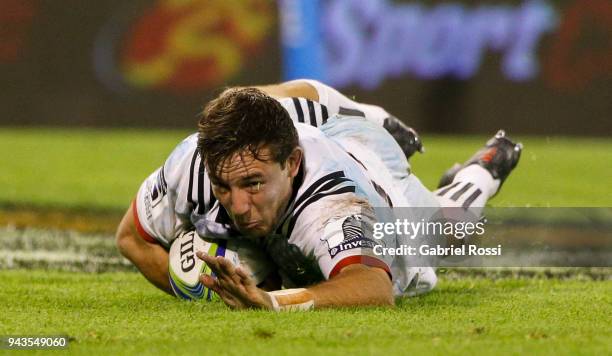 Mitchell Hunt of Crusaders scores a try during a match between Jaguares and Crusaders as part of 6th round of Super Rugby at Jose Amalfitani Stadium...