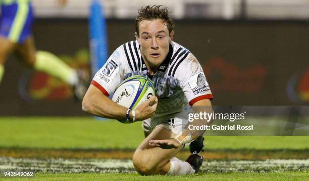 Mitchell Hunt of Crusaders scores a try during a match between Jaguares and Crusaders as part of 6th round of Super Rugby at Jose Amalfitani Stadium...