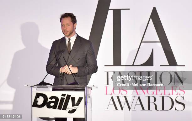 Host Derek Blasberg speaks onstage during The Daily Front Row's 4th Annual Fashion Los Angeles Awards at Beverly Hills Hotel on April 8, 2018 in...