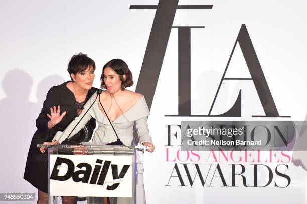Kris Jenner presents the Hair Artist of the Year award to honoree Jen Atkin onstage during The Daily Front Row's 4th Annual Fashion Los Angeles...