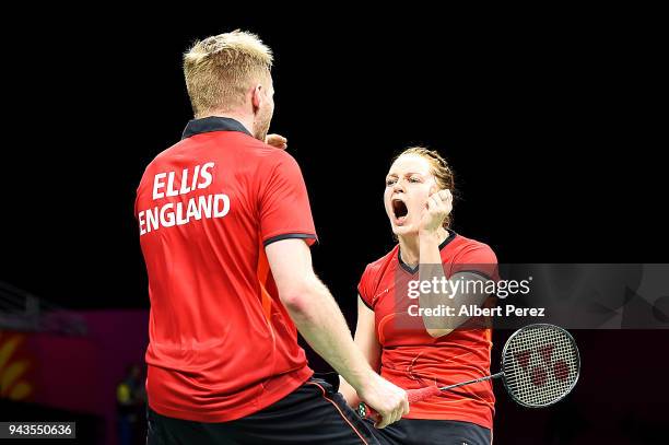 Lauren Smith and Marcus Ellis of England celebrate in the Badminton Mixed Team bronze medal match on day five of the Gold Coast 2018 Commonwealth...