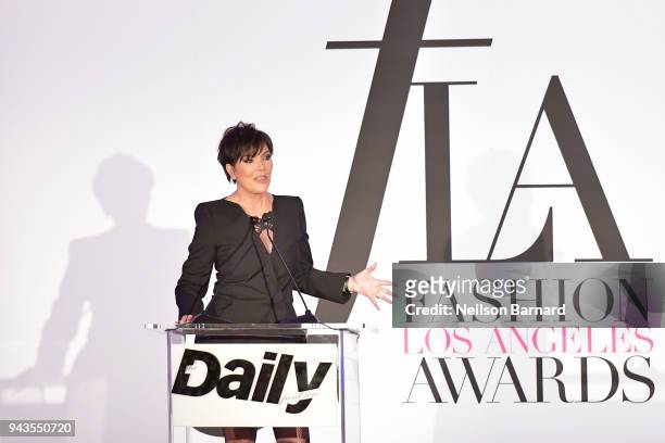 Kris Jenner speaks onstage during The Daily Front Row's 4th Annual Fashion Los Angeles Awards at Beverly Hills Hotel on April 8, 2018 in Beverly...