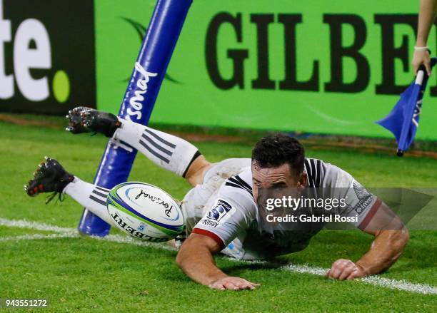 Ryan Crotty of Crusaders scores a try during a match between Jaguares and Crusaders as part of 6th round of Super Rugby at Jose Amalfitani Stadium on...
