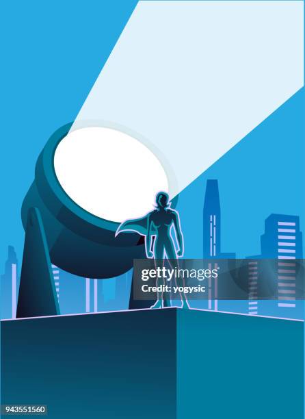 vector female superhero with signal light and city skyline background - searchlight stock illustrations