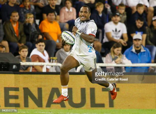 Manasa Mataele of Crusaders runs with the ball to score a try during a match between Jaguares and Crusaders as part of 6th round of Super Rugby at...