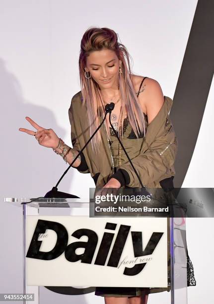 Paris Jackson speaks onstage during The Daily Front Row's 4th Annual Fashion Los Angeles Awards at Beverly Hills Hotel on April 8, 2018 in Beverly...