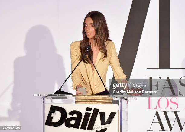 Honoree Emily Ratajkowski accepts the Model of the Year award onstage during The Daily Front Row's 4th Annual Fashion Los Angeles Awards at Beverly...