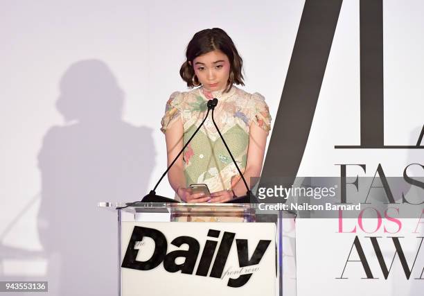 Rowan Blanchard speaks onstage during The Daily Front Row's 4th Annual Fashion Los Angeles Awards at Beverly Hills Hotel on April 8, 2018 in Beverly...