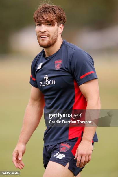 Working his way back from a foot injury Jack Viney takes part during a Melbourne Demons AFL training session at Gosch's Paddock on April 9, 2018 in...