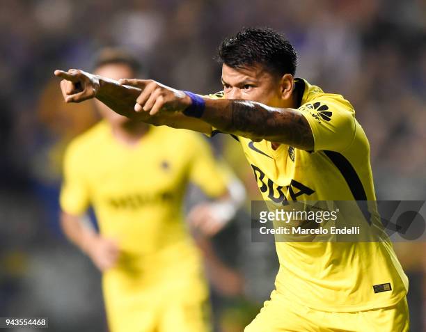 Walter Bou of Boca Juniors celebrates after Dylan Gissi of Defensa y Justicia scores an own goal during a match between Boca Juniors and Defensa y...