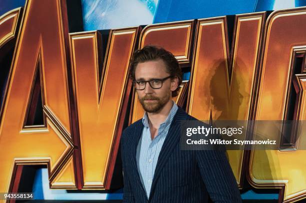 Tom Hiddleston arrives for 'Avengers: Infinity War' UK fan event at Television Studios in White City in London. April 08, 2018 in London, United...