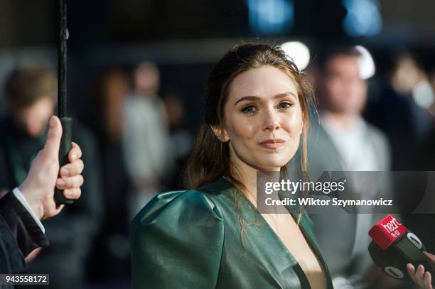 Elizabeth Olsen gives an interview to the media at 'Avengers: Infinity War' UK fan event at Television Studios in White City in London. April 08,...