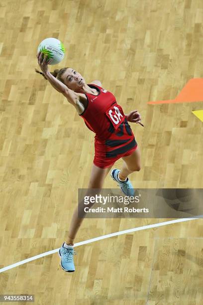 Helen Housby of England competes during to the Netball Preliminary round against Wales on day five of the Gold Coast 2018 Commonwealth Games at Gold...