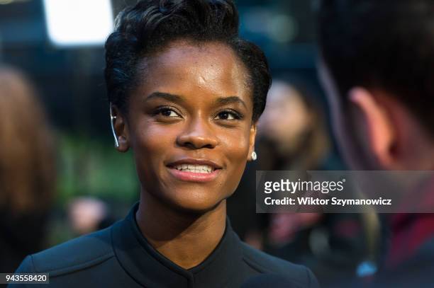 Letitia Wright gives an interview to the media at 'Avengers: Infinity War' UK fan event at Television Studios in White City in London. April 08, 2018...
