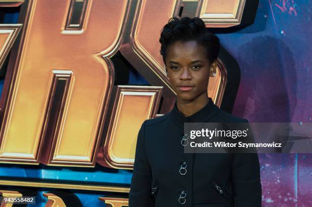 Letitia Wright arrives for 'Avengers: Infinity War' UK fan event at Television Studios in White City in London. April 08, 2018 in London, United...