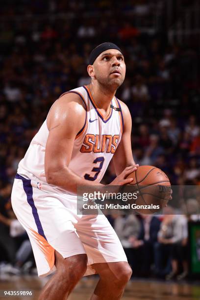 Jared Dudley of the Phoenix Suns shoots the ball against the Golden State Warriors on April 8, 2018 at Talking Stick Resort Arena in Phoenix,...