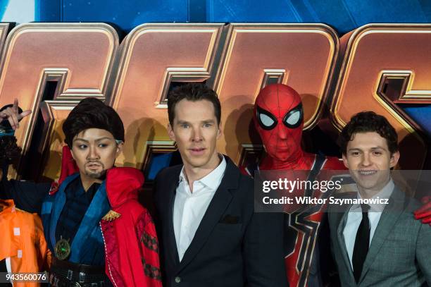 Benedict Cumberbatch and Tom Holland pose with cosplayers at 'Avengers: Infinity War' UK fan event at Television Studios in White City in London....