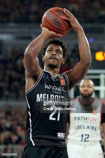 Casper Ware of Melbourne United shoots during game five of the NBL Grand Final series between Melbourne United and the Adelaide 36ers at Hisense...