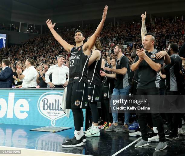 Tai Wesley of Melbourne United reacts during the final minutes of game five of the NBL Grand Final series between Melbourne United and the Adelaide...