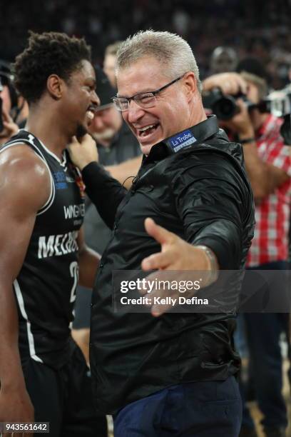 Melbourne United head coach Dean Vickerman celebrates the victory of game five of the NBL Grand Final series between Melbourne United and the...