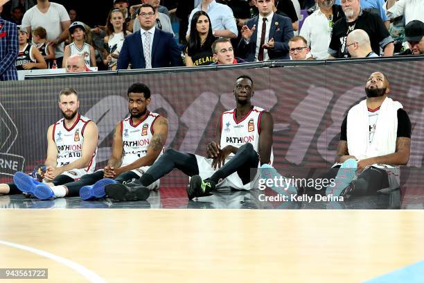 Adelaide 36ers players look dejected after being defeated during game five of the NBL Grand Final series between Melbourne United and the Adelaide...