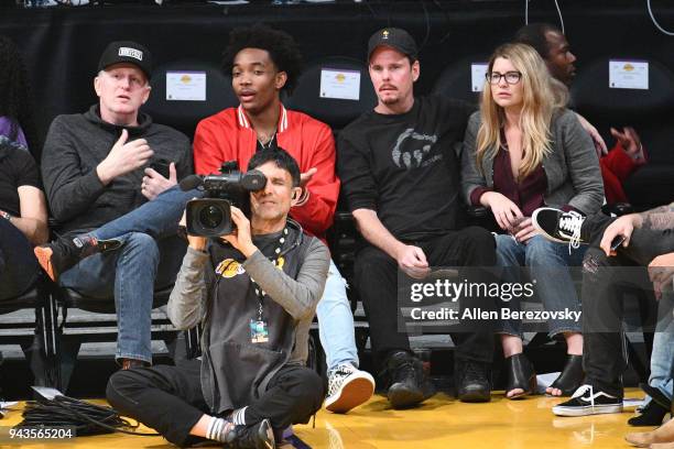 Actor Michael Rapaport and actor Kevin Dillon attend a basketball game between the Los Angeles Lakers and the Utah Jazz at Staples Center on April 8,...