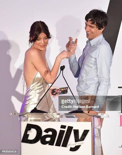 Honoree Cami Morrone accepts the Emerging Talent award from Sebastian Faena onstage during The Daily Front Row's 4th Annual Fashion Los Angeles...