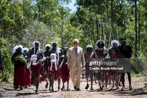 Prince Charles, Prince of Wales arrives for a Welcome to Country Ceremony at Mt Nhulun on April 9, 2018 in Gove, Arnhem Land, Australia. The Prince...