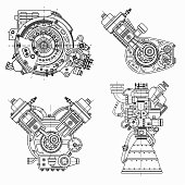 Set of drawings of engines - motor vehicle internal combustion engine, motorcycle, electric motor and a rocket. It can be used to illustrate ideas of science, engineering design and high-tech