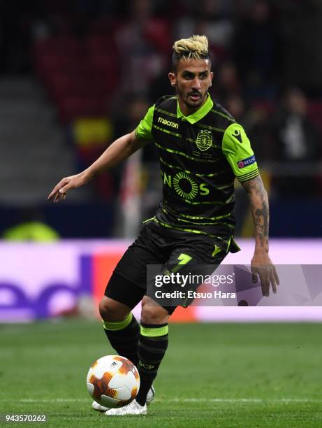 Ruben Ribeiro of Sporting in action during the UEFA Europa League quarter final leg one match between Atletico Madrid and Sporting CP at Wanda...
