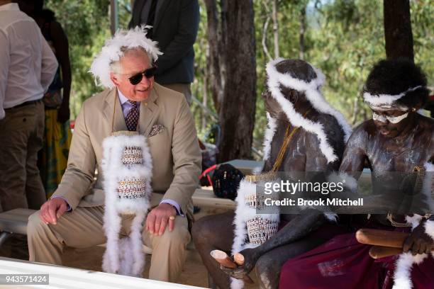 Prince Charles, Prince of Wales chats with indigenous elders during a traditional Welcome to Country Ceremony on April 9, 2018 in Gove, Australia....