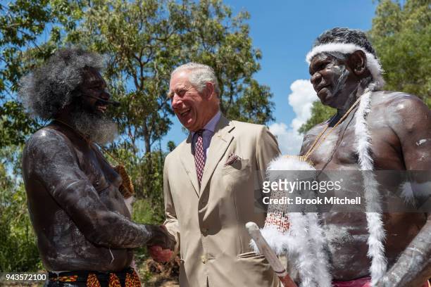 Prince Charles, Prince of Wales is met by Mr Witiyana Marika Senior Traditional Owner and Ceremony Leader and Mandaka Marika on April 9, 2018 in...
