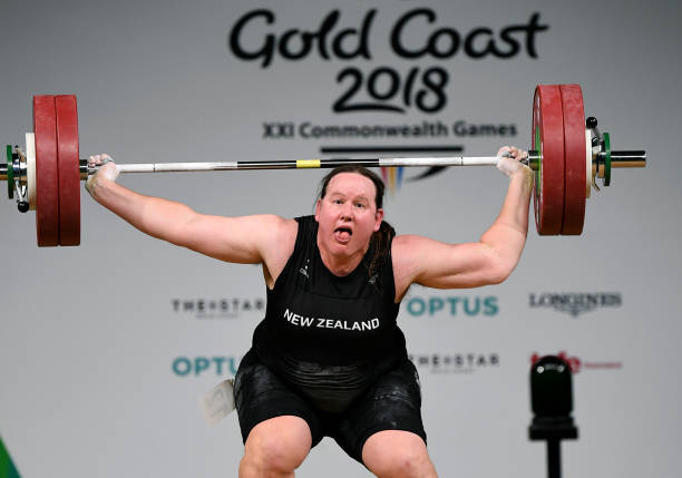 Laurel Hubbard of New Zealand reacts during the women's +90kg weightlifting final at the 2018 Gold Coast Commonwealth Games in Gold Coast on April 9...