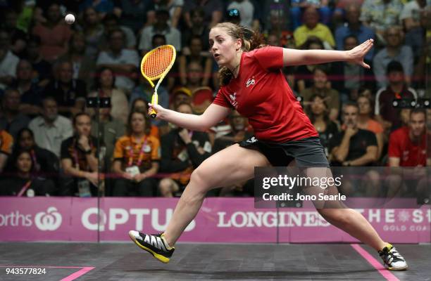 Tesni Evans of Wales celebrates competes against Nicol David of Malaysia during squash in the women single Bronze Medal match on day five of the Gold...