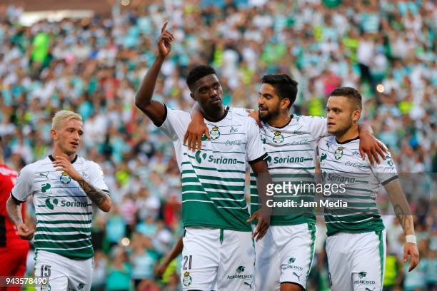 Jorge Tavares of Santos celebrates with teammates after scoring the second goal of his team during the 14th round match between Santos Laguna and...