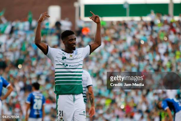 Jorge Djaniny Tavares of Santos celebrates after scoring the second goal of his team during the 14th round match between Santos Laguna and Queretaro...