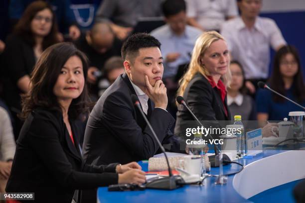 Chinese snooker player Ding Junhui speaks during a session at the Boao Forum for Asia Annual Conference 2018 on April 8, 2018 in Boao, China. The...