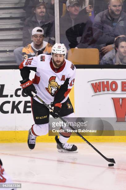 Zack Smith of the Ottawa Senators skates against the Boston Bruins at the TD Garden on April 7, 2018 in Boston, Massachusetts. Zack Smith