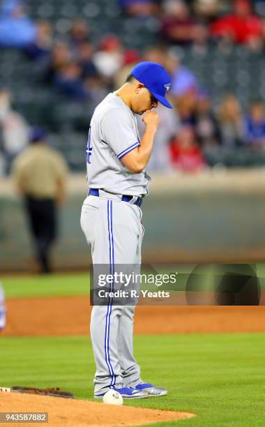 Roberto Osuna of the Toronto Blue Jays throws in the ninth inning against the Texas Rangersat Globe Life Park in Arlington on April 6, 2018 in...