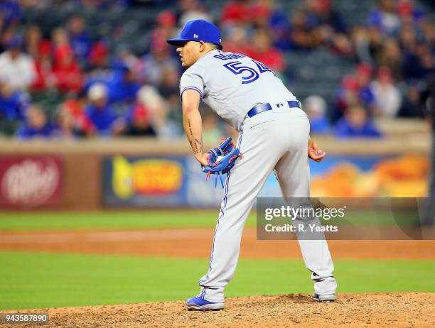 Roberto Osuna of the Toronto Blue Jays throws in the ninth inning against the Texas Rangersat Globe Life Park in Arlington on April 6, 2018 in...