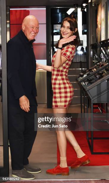 Bella Hadid and Head of Watchmaking of LVMH Jean-Claude Biver attend the opening ceremony for Tag Heuer Ginza Boutique on April 9, 2018 in Tokyo,...