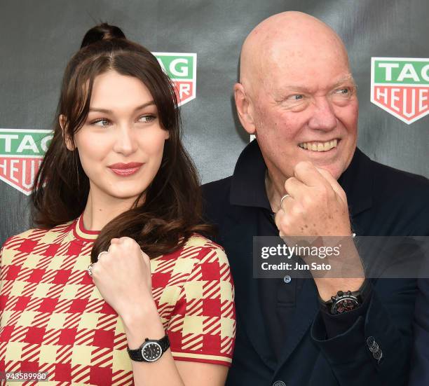 Bella Hadid and Head of Watchmaking of LVMH Jean-Claude Biver attend the opening ceremony for Tag Heuer Ginza Boutique on April 9, 2018 in Tokyo,...