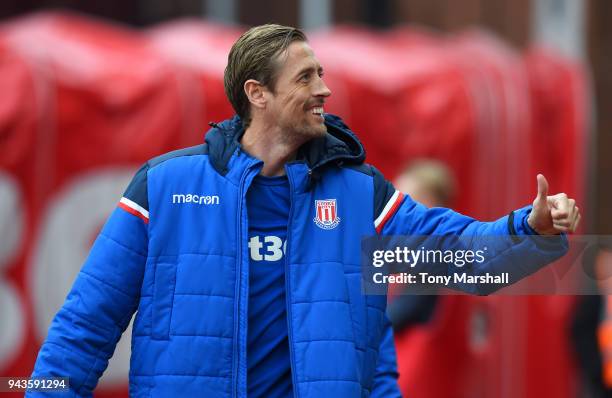 Peter Crouch of Stoke City during the Premier League match between Stoke City and Tottenham Hotspur at Bet365 Stadium on April 7, 2018 in Stoke on...