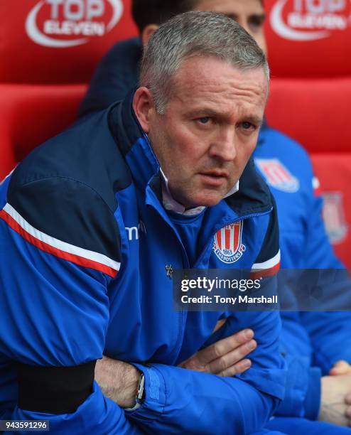 Paul Lambert, Manager of Stoke City during the Premier League match between Stoke City and Tottenham Hotspur at Bet365 Stadium on April 7, 2018 in...