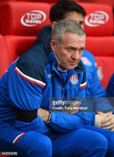 Paul Lambert, Manager of Stoke City during the Premier League match between Stoke City and Tottenham Hotspur at Bet365 Stadium on April 7, 2018 in...