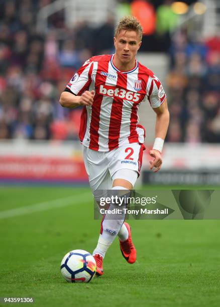 Mortitz Bauer of Stoke City during the Premier League match between Stoke City and Tottenham Hotspur at Bet365 Stadium on April 7, 2018 in Stoke on...