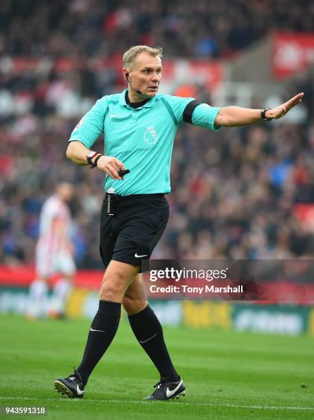 Referee Graham Scott during the Premier League match between Stoke City and Tottenham Hotspur at Bet365 Stadium on April 7, 2018 in Stoke on Trent,...