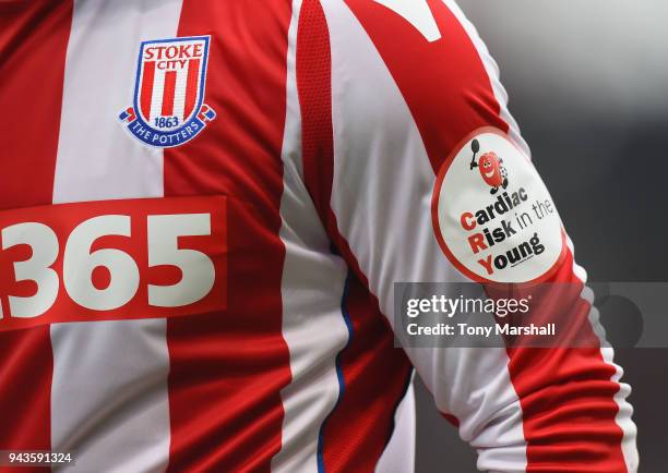 Cardiac Risk in the Young arm badge on a Stoke City palyers shirt during the Premier League match between Stoke City and Tottenham Hotspur at Bet365...