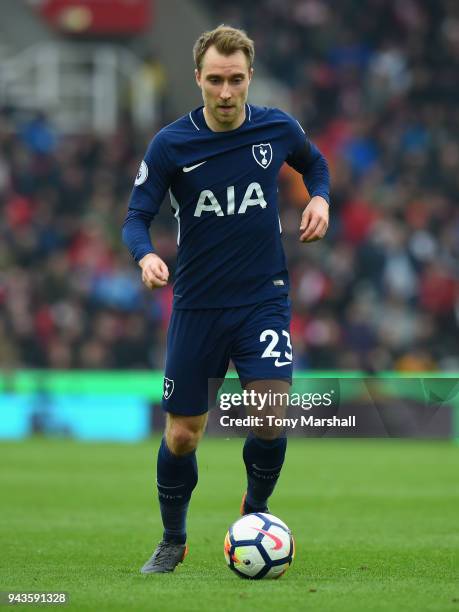 Christian Eriksen of Tottenham Hotspur during the Premier League match between Stoke City and Tottenham Hotspur at Bet365 Stadium on April 7, 2018 in...